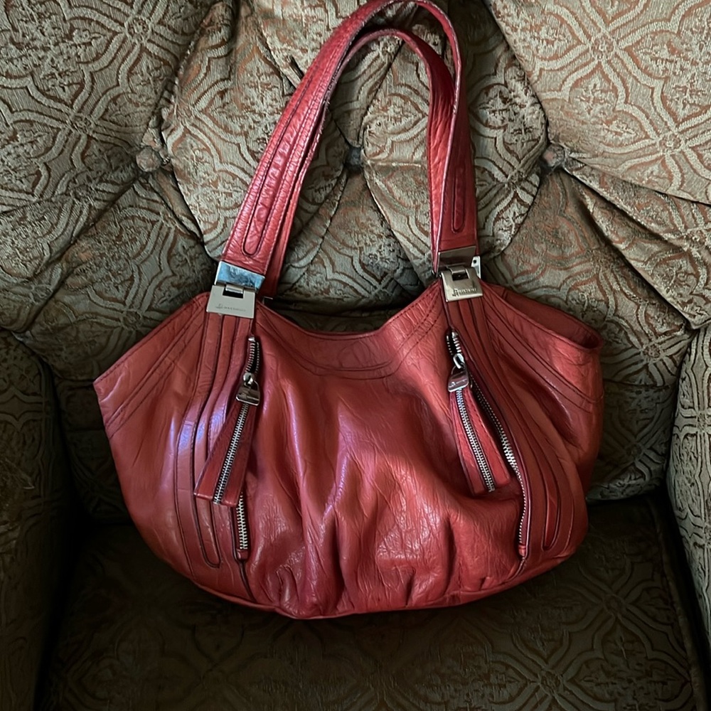 B Makowsky red genuine leather shoulder hobo bag with magnetic closure